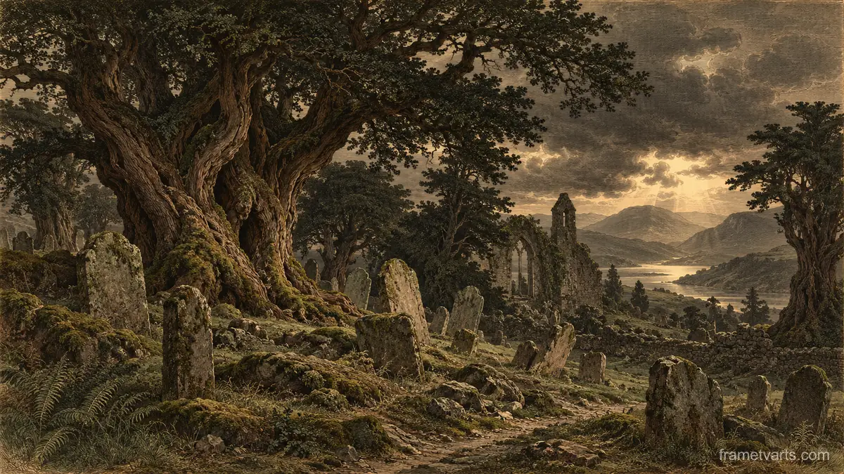 Graveyard of ancient yews and moss-grown stones – vintage plate engraving Samsung Frame TV art, 4K