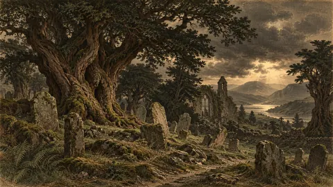 Graveyard of ancient yews and moss-grown stones – vintage plate engraving Frame TV art