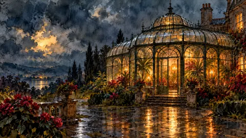 Victorian conservatory in rain at night – loose watercolor Frame TV art