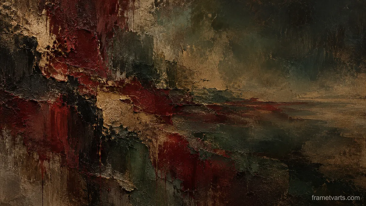 Dark abstraction of oxblood and charcoal layers – earth-tone textured abstraction Samsung Frame TV art, 4K