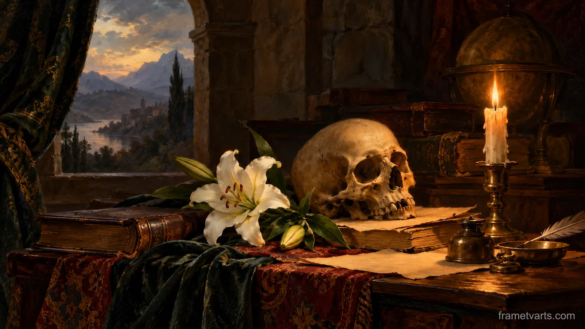 Scholar's desk with a skull, lily and candle – classical devotional oil painting Samsung Frame TV art, 4K
