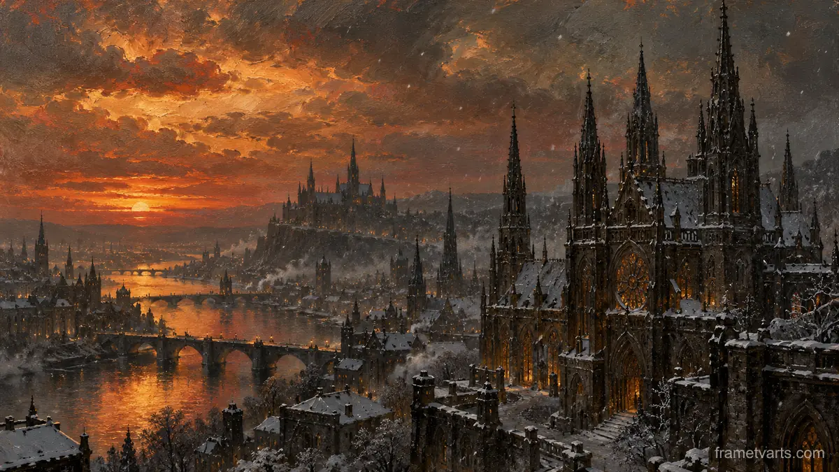 Snowfall on gothic spires at dusk – atmospheric oil painting Samsung Frame TV art, 4K