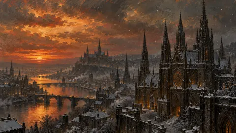 Snowfall on gothic spires at dusk – atmospheric oil painting Frame TV art