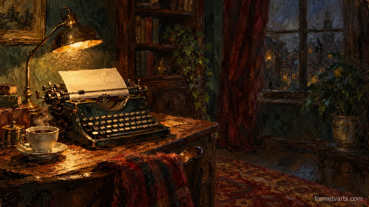 Typewriter and coffee cup in a lamp-lit corner – impressionist oil painting Samsung Frame TV art, 4K