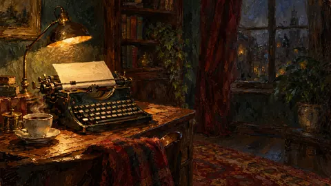 Typewriter and coffee cup in a lamp-lit corner – impressionist oil painting Frame TV art