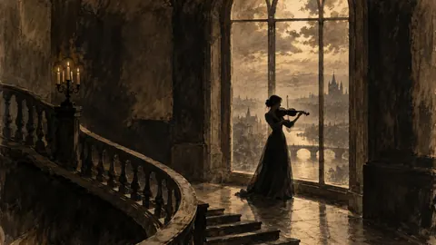 Violinist silhouetted in a tall window – monochrome minimalist abstraction Frame TV art
