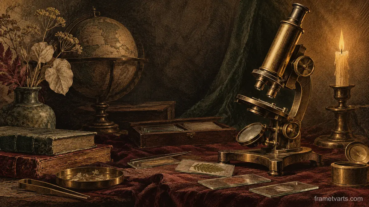 Antique microscope and glass slides – vintage plate engraving Samsung Frame TV art, 4K