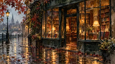 Lamp-lit bookshop window on a rainy street – loose watercolor Frame TV art