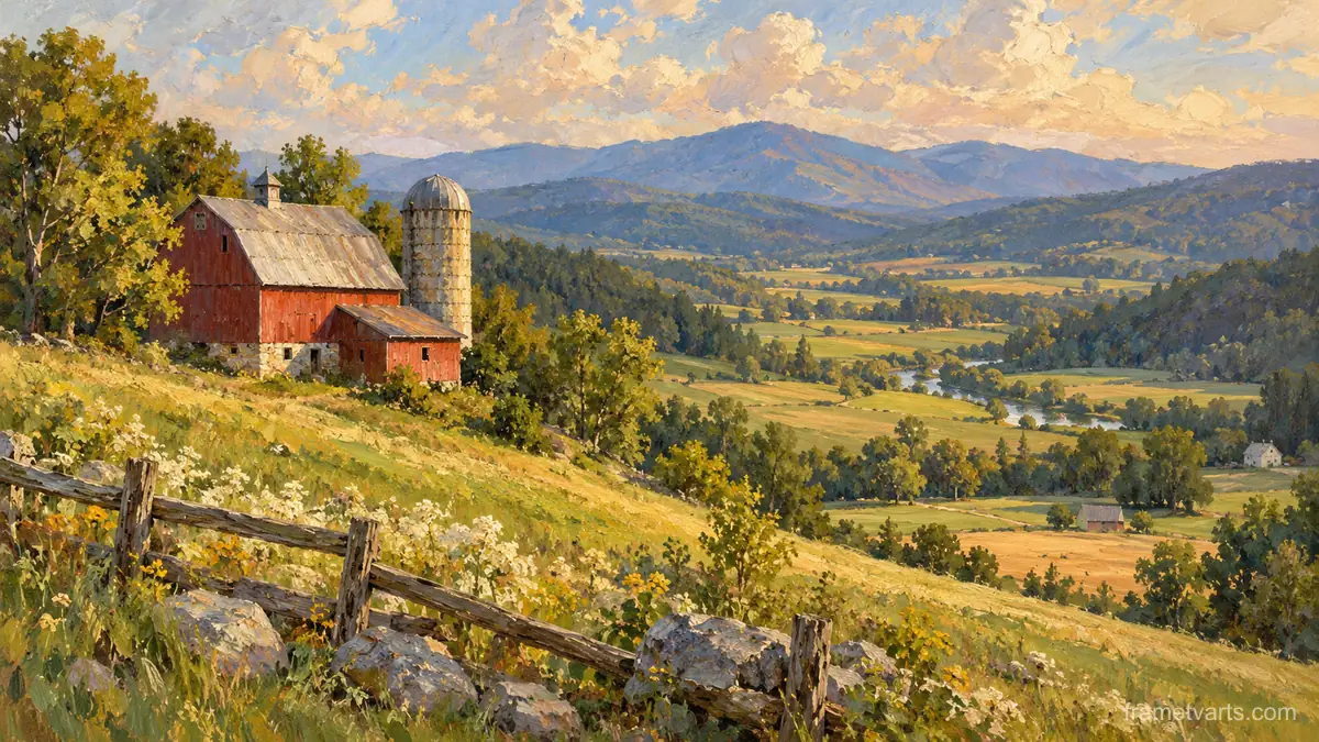 Red barn and silo above a green valley – impressionist oil painting Samsung Frame TV art, 4K