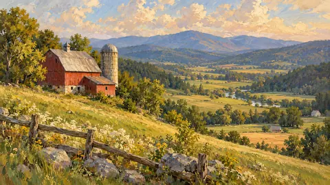 Red barn and silo above a green valley – impressionist oil painting Frame TV art