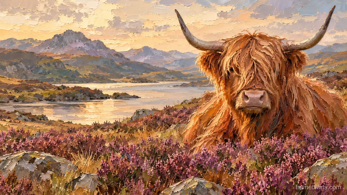 Highland cow with a long fringe in heather – expressive palette-knife painting Samsung Frame TV art, 4K