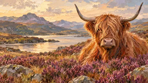 Highland cow with a long fringe in heather – expressive palette-knife painting Frame TV art