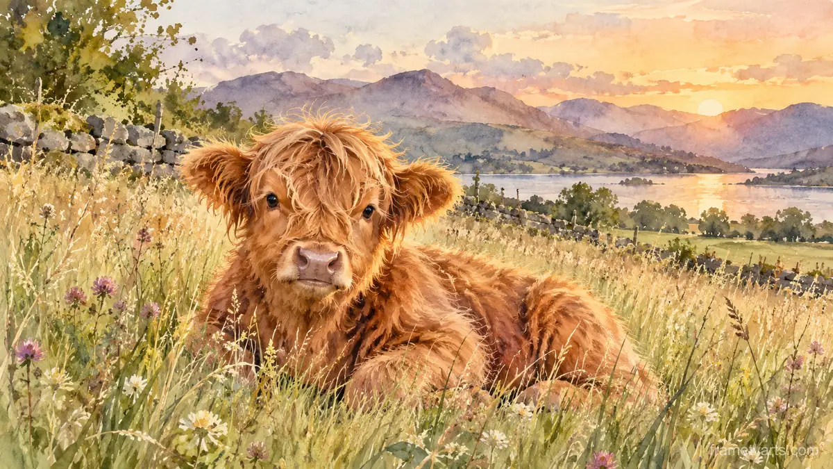 Highland calf resting in tall grass – elegant watercolor Samsung Frame TV art, 4K