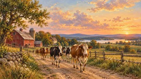 Dairy cows walking home down a dirt lane – tonal oil painting Frame TV art