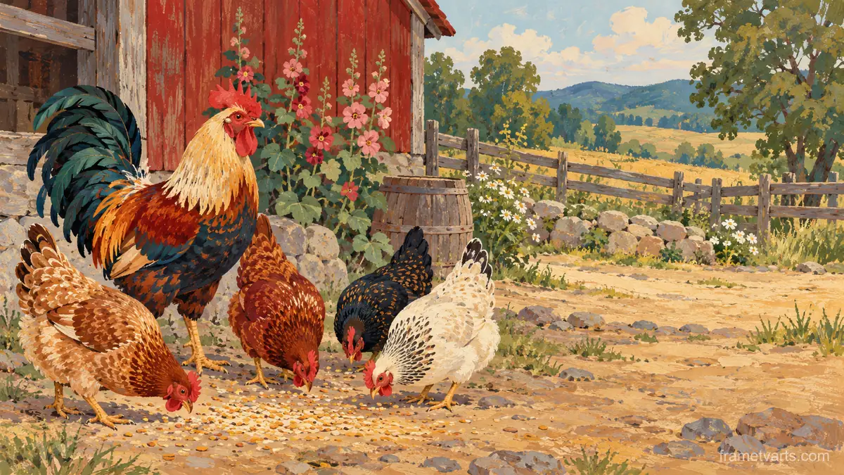 Hens and a rooster pecking in a farmyard – decorative folk gouache Samsung Frame TV art, 4K
