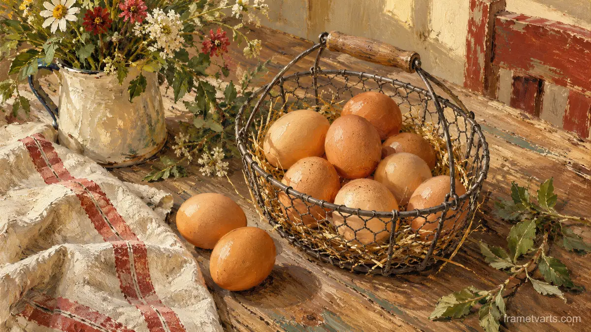 Brown eggs in a wire basket on a wooden table – tonal oil painting Samsung Frame TV art, 4K