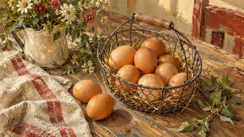 Brown eggs in a wire basket on a wooden table – tonal oil painting Frame TV art