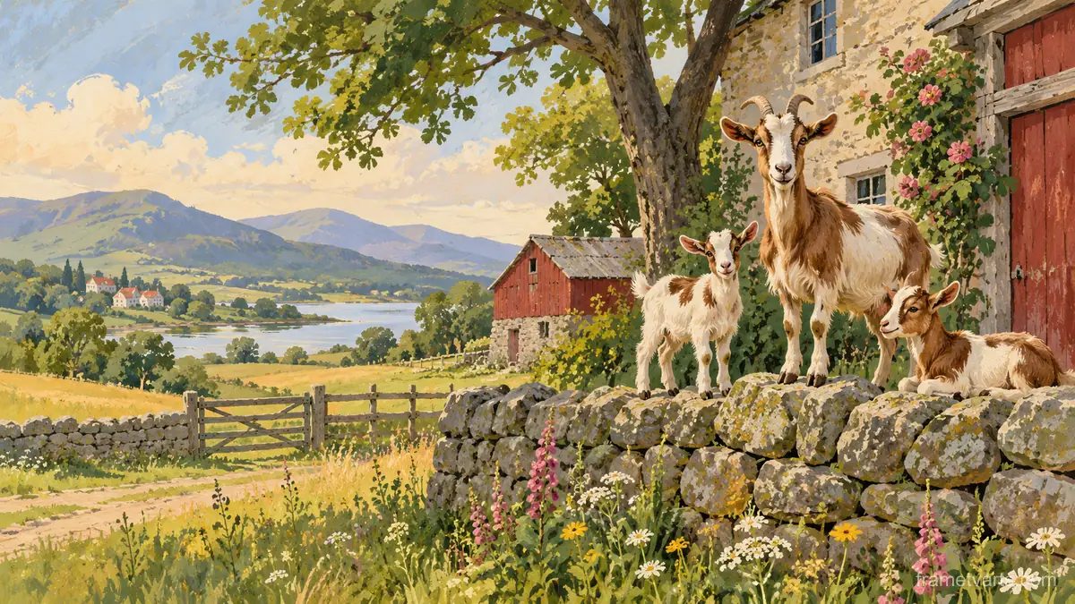 Goats on a stone wall by a farmhouse – storybook gouache Samsung Frame TV art, 4K