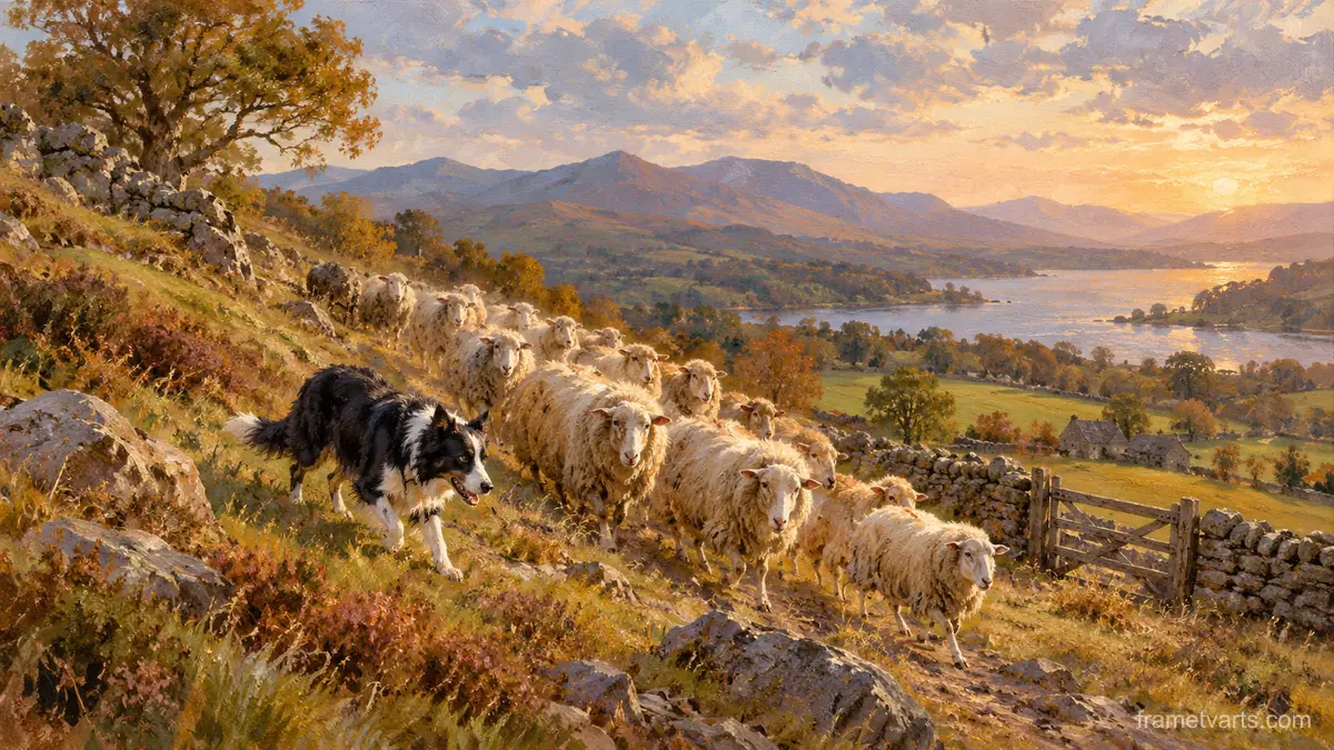 Sheepdog bringing a flock down a hillside – atmospheric oil painting Samsung Frame TV art, 4K