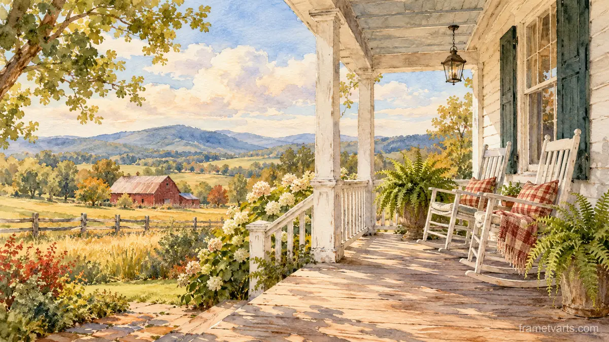 White farmhouse porch with rocking chairs and ferns – loose watercolor Samsung Frame TV art, 4K
