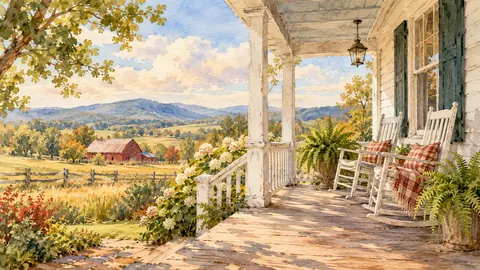 White farmhouse porch with rocking chairs and ferns – loose watercolor Frame TV art