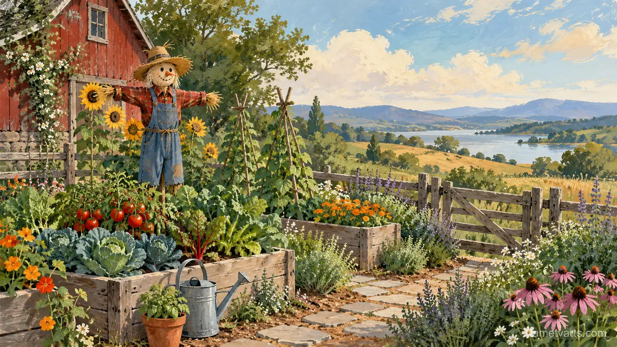 Kitchen garden with raised beds and a scarecrow – storybook gouache Samsung Frame TV art, 4K