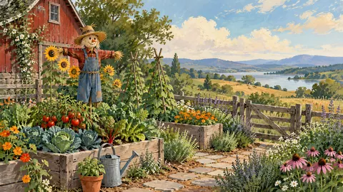 Kitchen garden with raised beds and a scarecrow – storybook gouache Frame TV art
