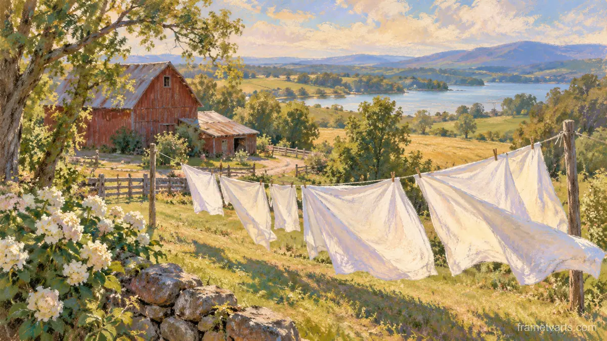 Laundry line of white sheets in a breeze – soft pastel drawing Samsung Frame TV art, 4K