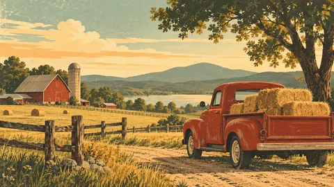Old pickup truck with hay bales in the back – retro mid-century illustration Frame TV art