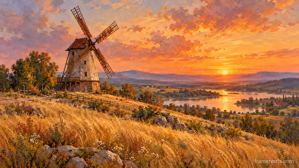 Windmill above golden grass at sunset – atmospheric oil painting Samsung Frame TV art, 4K