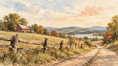 Split-rail fence along a country road – minimal ink and wash Frame TV art
