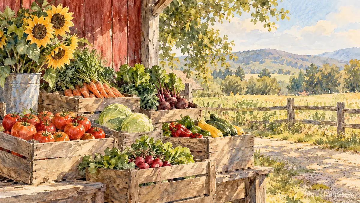 Farm stand of vegetables in wooden crates – loose watercolor Samsung Frame TV art, 4K