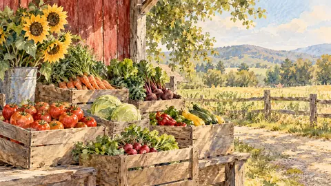 Farm stand of vegetables in wooden crates – loose watercolor Frame TV art