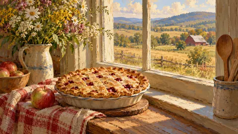 Pie cooling on a farmhouse windowsill – tonal oil painting Frame TV art
