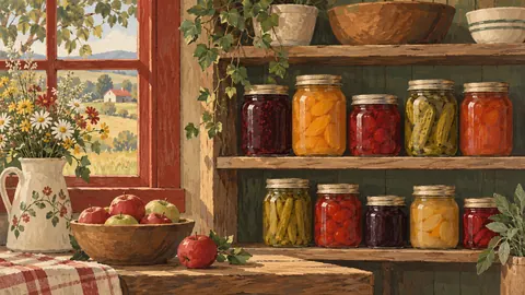Mason jars of preserves on an open shelf – decorative folk gouache Frame TV art