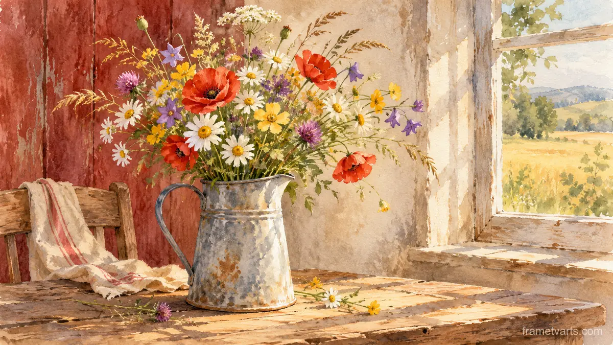 Wildflowers in a galvanised pitcher – botanical watercolor Samsung Frame TV art, 4K
