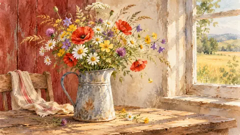 Wildflowers in a galvanised pitcher – botanical watercolor Frame TV art