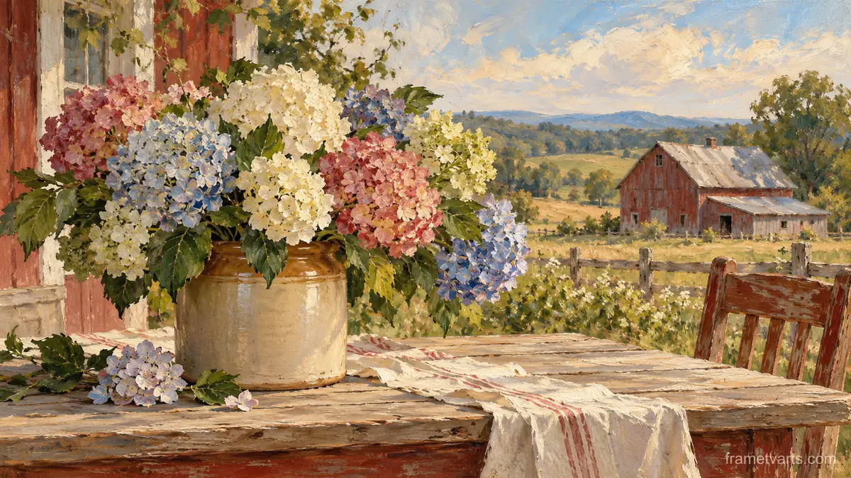Hydrangeas in a stoneware crock on a farm table – impressionist oil painting Samsung Frame TV art, 4K