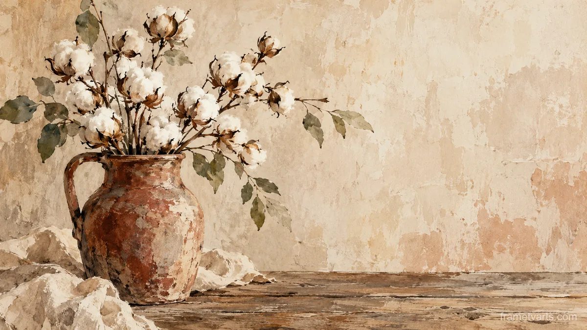 Cotton stems in a rustic jug – minimal ink and wash Samsung Frame TV art, 4K