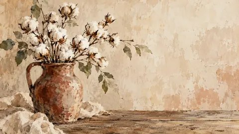 Cotton stems in a rustic jug – minimal ink and wash Frame TV art