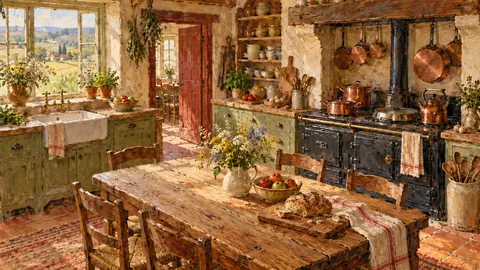 Farmhouse kitchen with a cast-iron range and copper pots – atmospheric oil painting Frame TV art
