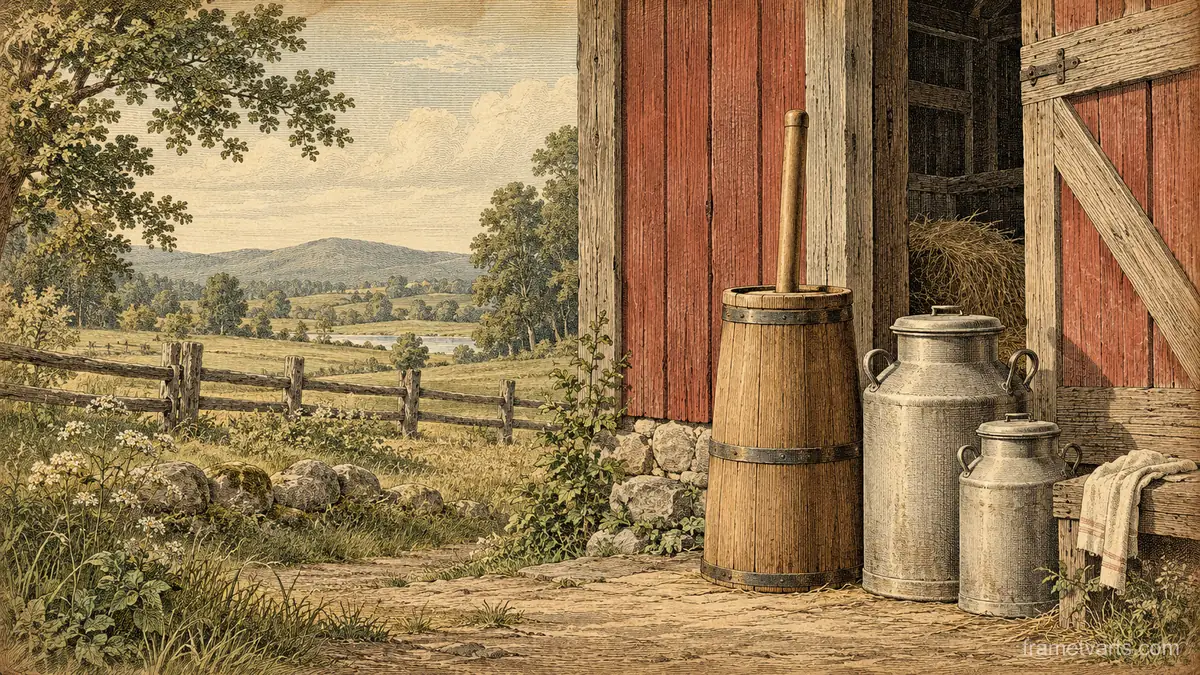 Butter churn and milk cans by a barn door – vintage plate engraving Samsung Frame TV art, 4K