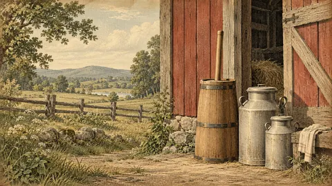 Butter churn and milk cans by a barn door – vintage plate engraving Frame TV art