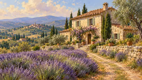 French country stone farmhouse with lavender – impressionist oil painting Frame TV art