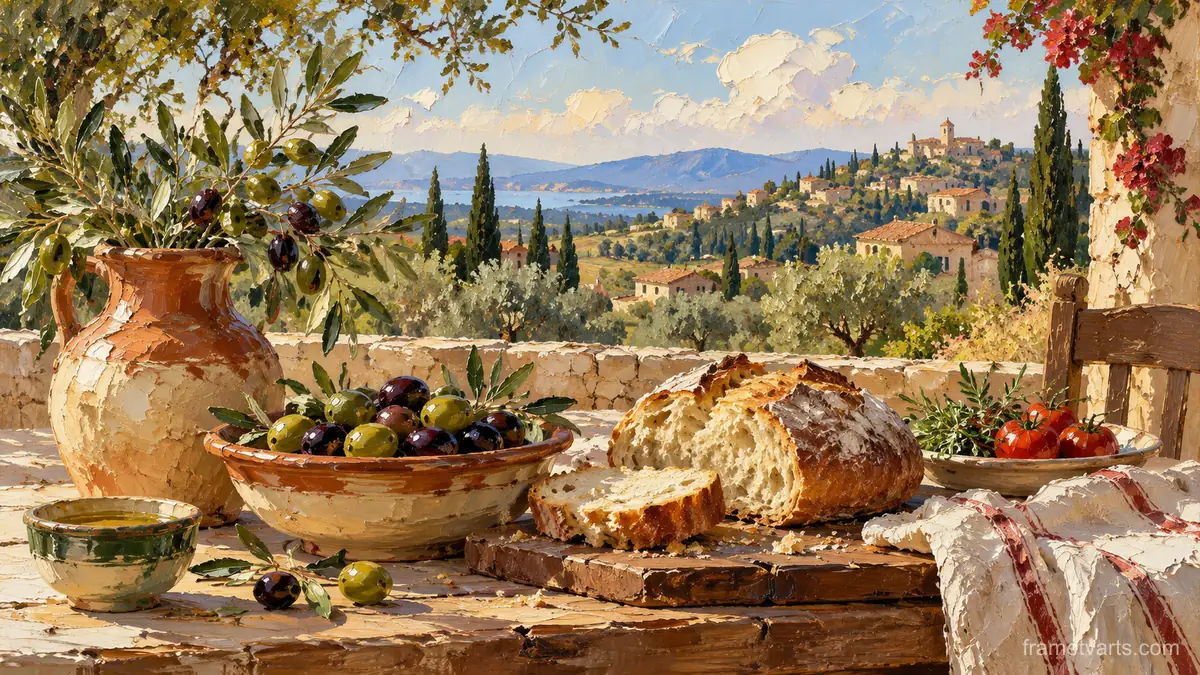 Provençal kitchen table with olives and bread – expressive palette-knife painting Samsung Frame TV art, 4K