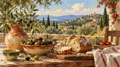 Provençal kitchen table with olives and bread – expressive palette-knife painting Frame TV art
