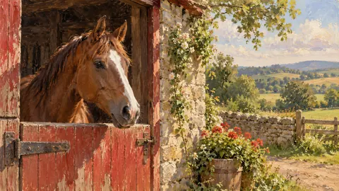 Horse looking out of a stable half-door – tonal oil painting Frame TV art