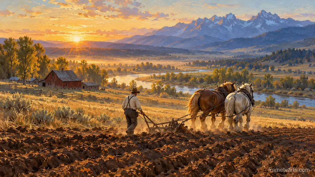 Draft horses ploughing a field at dawn – classic western oil painting Samsung Frame TV art, 4K