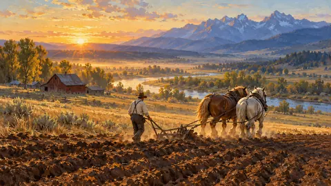 Draft horses ploughing a field at dawn – classic western oil painting Frame TV art