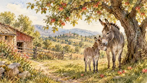 Donkey and a foal under an old apple tree – loose watercolor Frame TV art